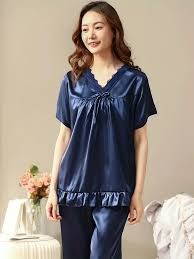 2 Pc Half Sleeves Silk Pajama Suit